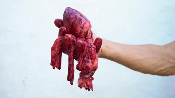 Una mano de hombre sostiene un corazón ensangrentado sobre un fondo blanco
 - Metraje, vídeo
