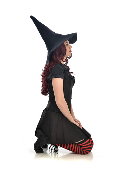 portrait complet de fille aux cheveux rouges portant un costume de sorcière noire et un chapeau pointu. pose assise, isolée sur fond de studio blanc
. - Photo, image