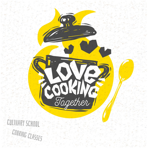 Cooking school, culinary classes, studio, logo, utensils, apron, fork, knife, master chef. Lettering, calligraphy logo, sketch style, welcome. - Vector, Image