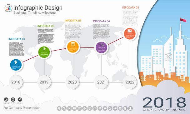 Business infographics template, Milestone timeline or Road map with Process flowchart, Strategic plan to define company values, Scheduling in project management to make facts and statistics. - Vector, Image