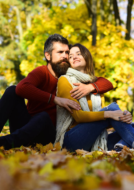 Couple in love with scarves sits on leaves in park - Foto, Bild