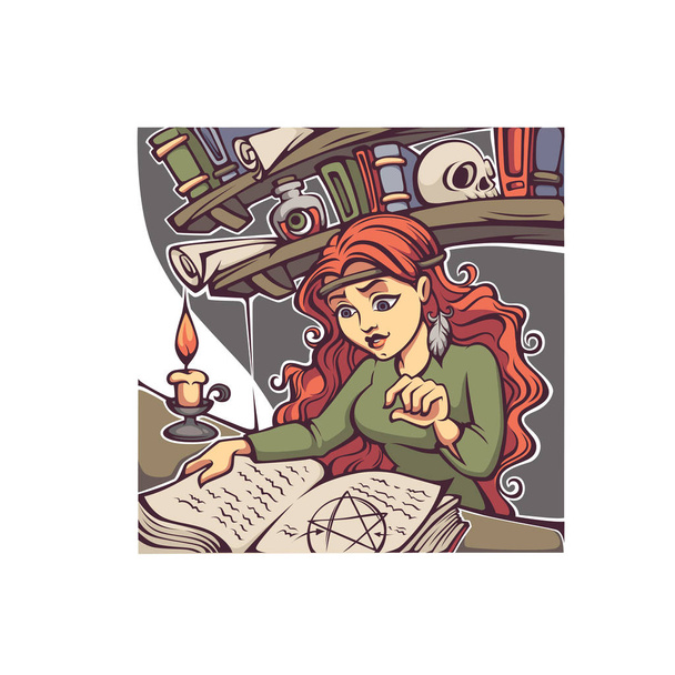 勉強魔女、ハロウィン カード、ラベル、チラシ、魔法の本を読んでいる若い女性 - ベクター画像