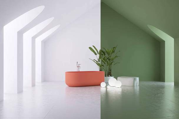 tentoonstellingsbadkamer in witte en groene kleuren, stand, frame of banner - Foto, afbeelding