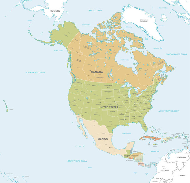 Carte vectorielle du continent nord et centre-américain avec les noms des pays, capitales, villes principales et mers et îles en couleurs douces classiques
. - Vecteur, image