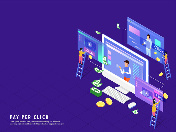 Isometric illustration of desktop with video play screen, money and coin stack, people buy or make online payment. Pay Per Click or online payment concept isometric design. - Vector, Image