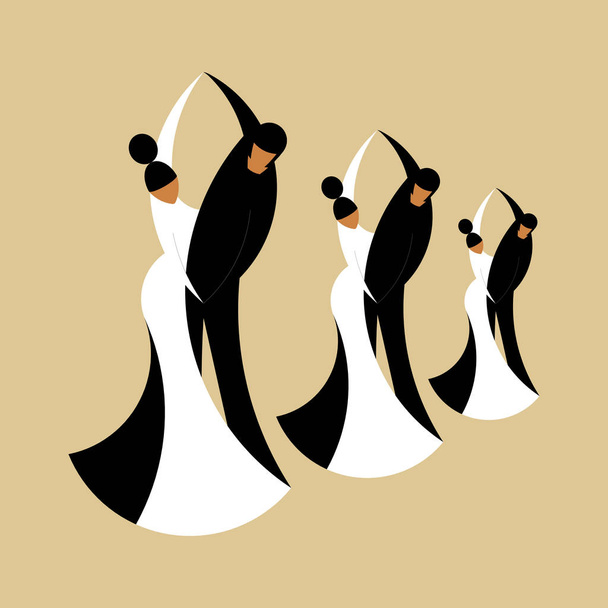 Platte vectorillustratie van gestileerde drie dansende paren op een beige achtergrond. Vlakke stijl. Ideaal voor catalogi, informatie, ballroom en disco club. - Vector, afbeelding