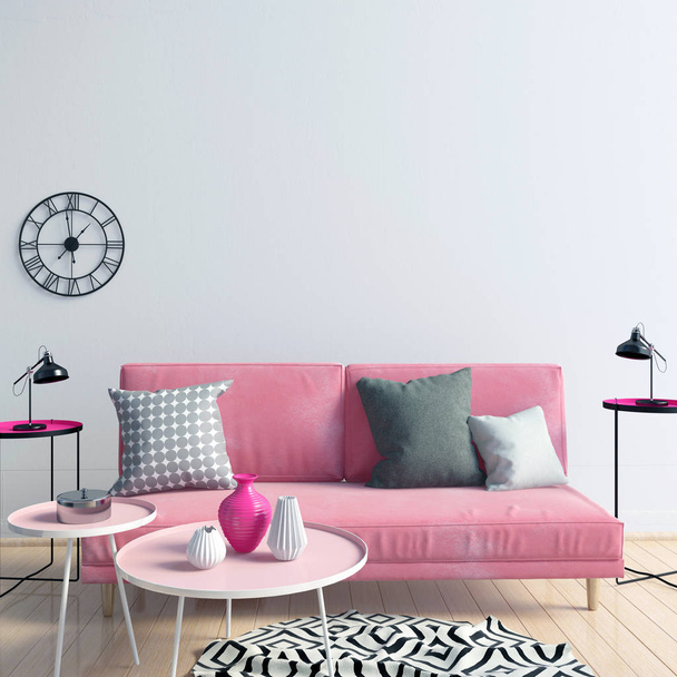 Modern interior with sofa. Wall mock up. 3d illustration. - Photo, Image