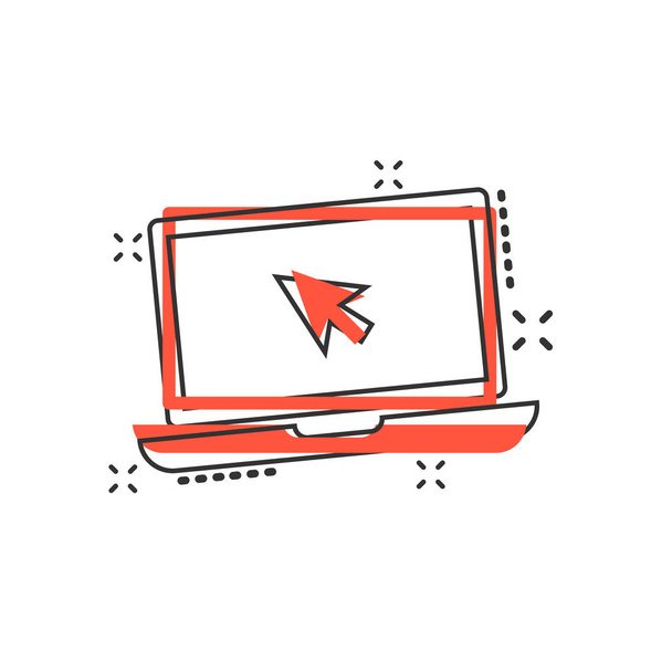 Notebook Vector cartoon s ikonou kurzoru myši v komiksovém stylu. Piktogram ilustrace obrazovky notebooku. Koncept efektu šplouchnutí počítače. - Vektor, obrázek
