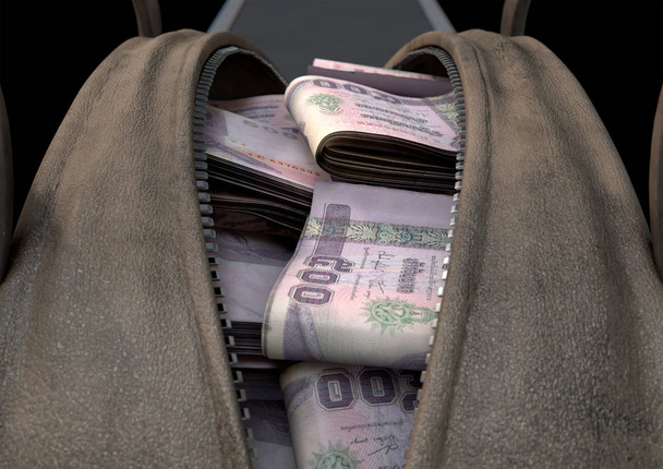 A smuggling concept depicting an open brown leather duffel bag revealing bundles of illicit rolled thailand bhat bank notes - 3D render - Photo, Image