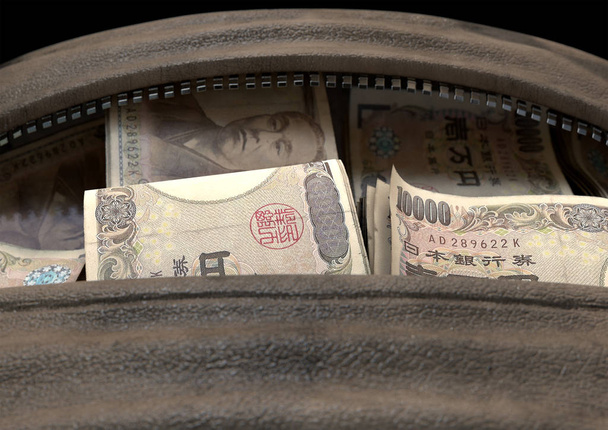 違法の束を明らかに開いている茶色の革のダッフル バッグを描いた密輸概念圧延日本円ノート - 3 d レンダリングします。 - 写真・画像