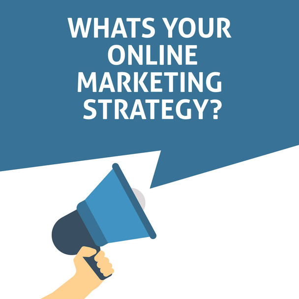 WHATS YOUR ONLINE MARKETING STRATEGY? Announcement. Hand Holding Megaphone With Speech Bubble - Vector, afbeelding