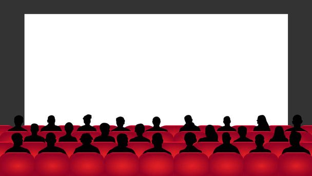 La gente se sienta en el cine. Cine público, teatro. Multitud de personas en el auditorio, vector de silueta, espectadores
 - Vector, imagen