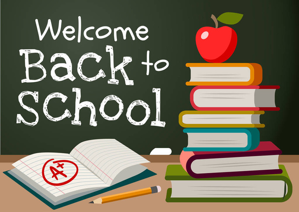 Welcome back to school chalk text on blackboard, stack of books, apple, pencil, open exercise book with A plus mark simple vector cartoon illustration. School, education, teaching theme poster, card. - Vector, Image