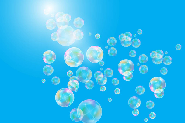 Реалистичные мыльные пузыри с радужным отражением, изолированные на синем фоне. векторная иллюстрация
 - Вектор,изображение