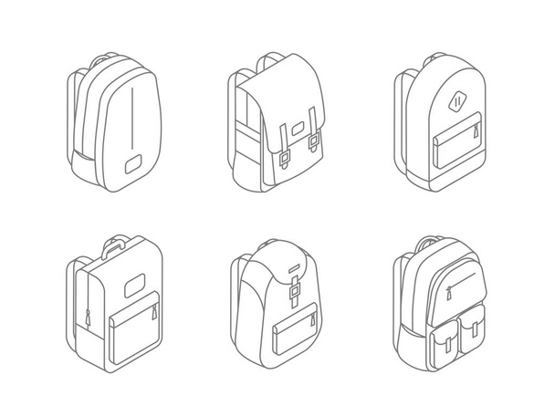 Conjunto de iconos isométricos de mochilas en línea ilustración vectorial de diseño aislado sobre fondo blanco. Bolsas de diseño 3D. Volver a la escuela concepto stock vector
 - Vector, imagen
