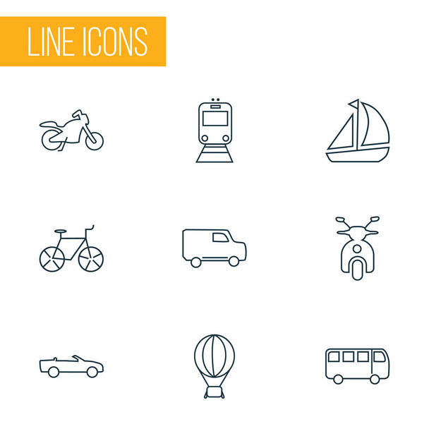 Conjunto de estilo de línea de iconos de tránsito con cabriolet, autobús, barco y otros elementos de la bicicleta. Iconos de tránsito de ilustración aislada
. - Foto, Imagen