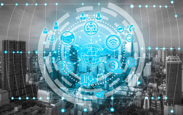 Inteligentne miasta komunikacji bezprzewodowej sieci pokazuje graficzną koncepcji Internetu rzeczy (Iot) i technologii informacyjnych i komunikacyjnych (Ict) przeciwko miasto nowoczesne budynki w tle. - Zdjęcie, obraz