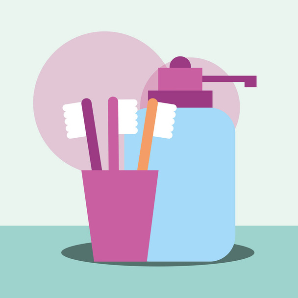 ванна с жидким мылом и зубными щетками
 - Вектор,изображение