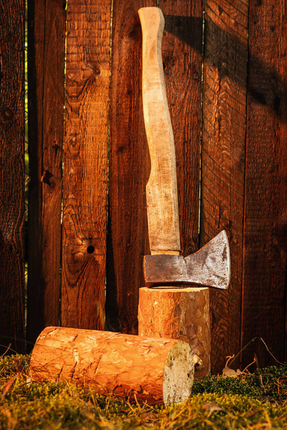 oude ax en boom stam in de buurt van een houten hek in het bos bij zonsondergang - Foto, afbeelding