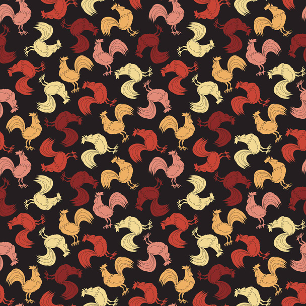 Colorful roosters on a black background. Seamless pattern. - Vektori, kuva