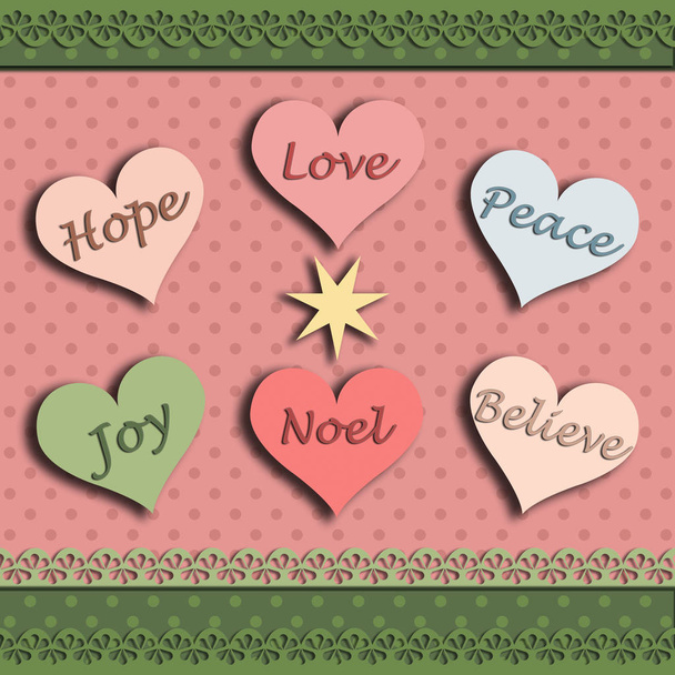 Christmas card with the words hope joy love believe peace noel in hearts. In the middle is the star of Betlehem - Fotó, kép