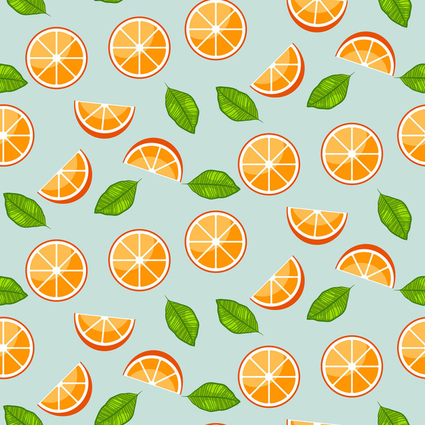 青の背景に緑とオレンジの柑橘類を葉します。ジューシーな新鮮なシームレス パターン. - ベクター画像
