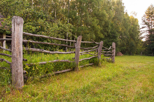 Valla de corral de madera vieja en verano, escena rural
 - Foto, Imagen