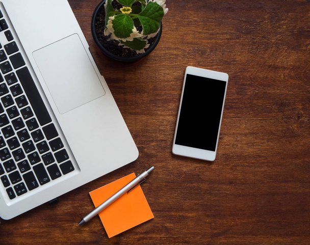 Piatto. Schermo nero bianco dello smartphone con adesivo e penna sulla scrivania in legno. Parte di tastiera e fiore verde, vista dall'alto
 - Foto, immagini
