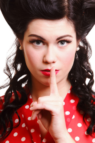 girl finger near mouth silence gesture - Φωτογραφία, εικόνα