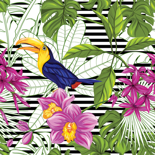 Patrón sin costura vectorial, fondo con tucán y plantas tropicales
  - Vector, imagen