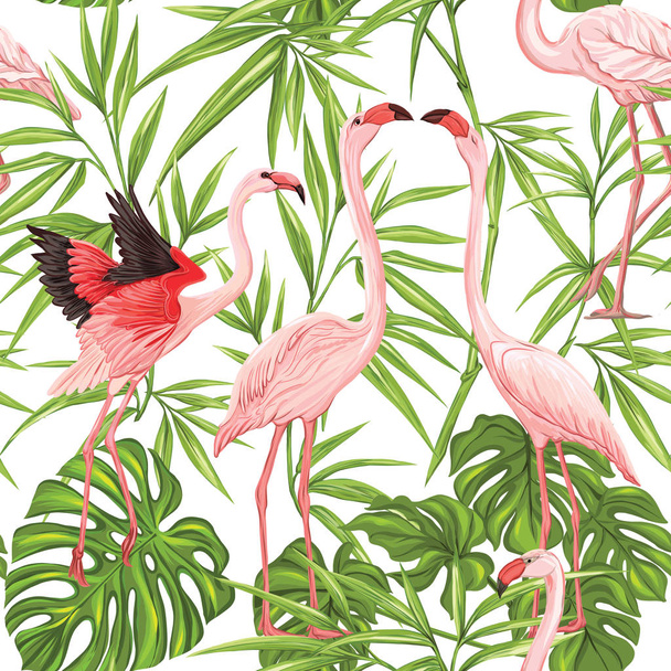Vector seamless pattern, background with flamingo and tropical plants  - ベクター画像