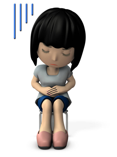 A young woman who tolerates abdominal pain. Oriental people. 3D illustration - Photo, Image