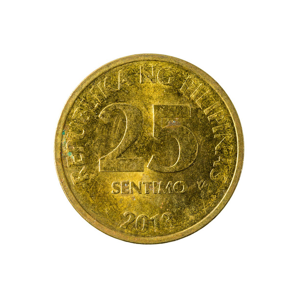 白い背景に分離された 25 フィリピン sentimo コイン (2013) 表側 - 写真・画像