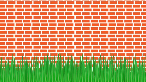 Vector illustratie. Rode bakstenen muur en groen gras van onderen. - Vector, afbeelding