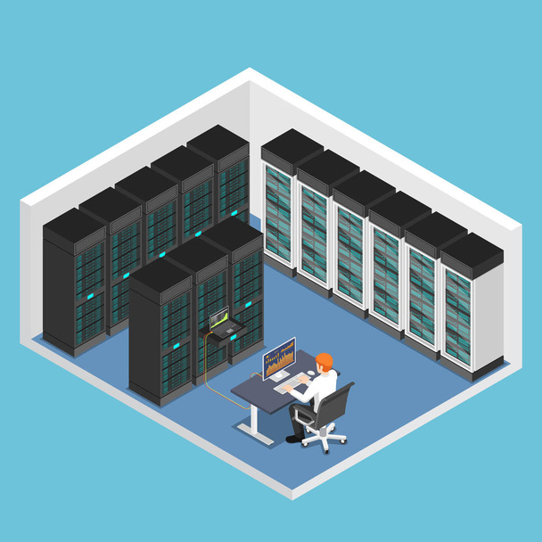 Hombre de negocios isométrico plano 3d haciendo prueba de diagnóstico en el centro de base de datos o sala de computadoras servidor. Concepto de gestión de servidor de base
. - Vector, imagen