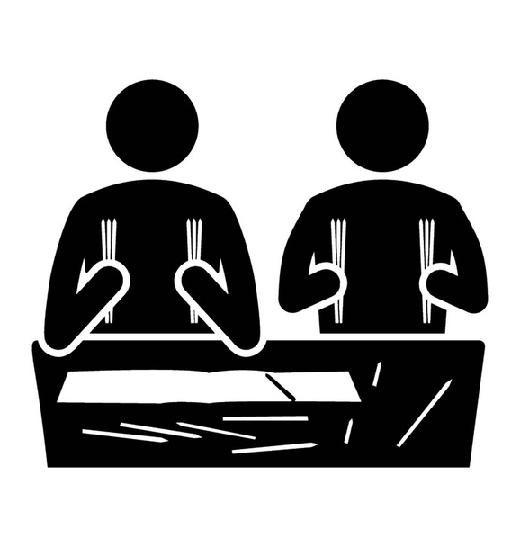 Compañeros sentados en el escritorio con lápices y papeles delante para ofrecer el icono de la actividad de la clase
  - Vector, Imagen