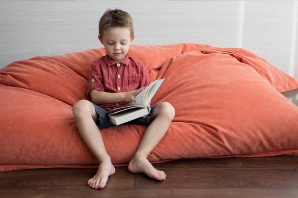 A cute boy is reading a book on the couch. - Φωτογραφία, εικόνα