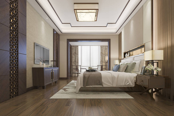 3d rendering beautiful luxury chinese bedroom suite in hotel with tv - Photo, Image