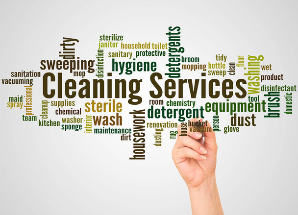 Υπηρεσίες καθαρισμού λέξης σύννεφο και χέρι με δείκτη έννοια σε φόντο κλίση. - Φωτογραφία, εικόνα