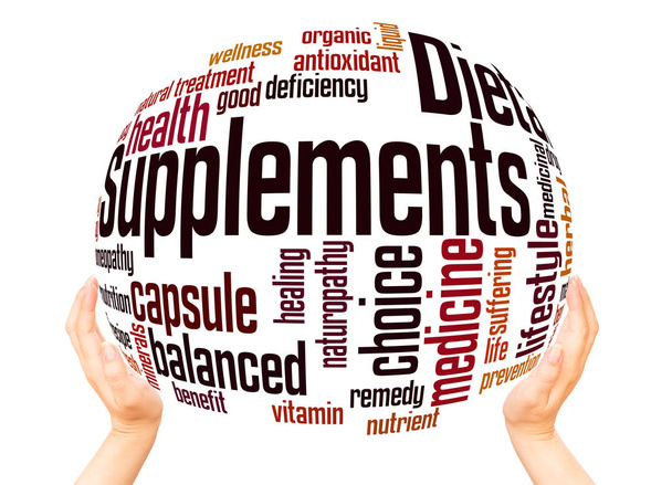 Dietary supplements word cloud sphere concept on white background.  - Photo, Image