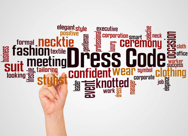 Degrade arka plan üzerinde elbise kodu word bulut ve el işareti kavramı ile.  - Fotoğraf, Görsel