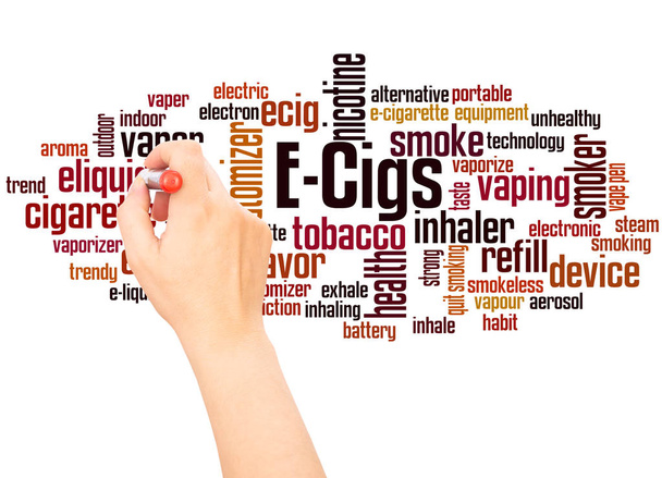 e-cigs Wort Wolke Handschrift Konzept auf weißem Hintergrund. - Foto, Bild