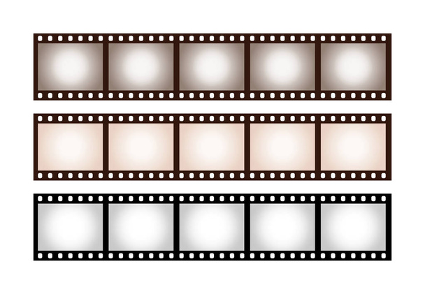 Закрыть три полоски из пяти кадров классической 35-мм пленки с затененной винтажной тонированной виньеткой, выделенной на белом фоне - Вектор,изображение