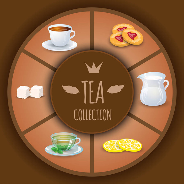 Ilustracja wektora kolekcji herbaty. Elementy dekoracyjne i tło dla Twojego projektu. Gorące napoje gotowe. Ikony tematyczne kawiarni, mogą być używane w menu - Wektor, obraz