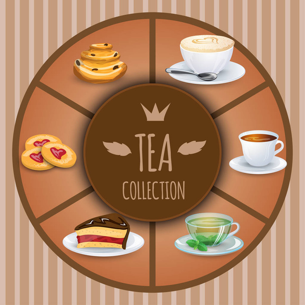 Tea collection vector illustration. Decorative elements and background for your design. Hot drinks set. Cafe theme icons, can be used in menu - Vector, Imagen