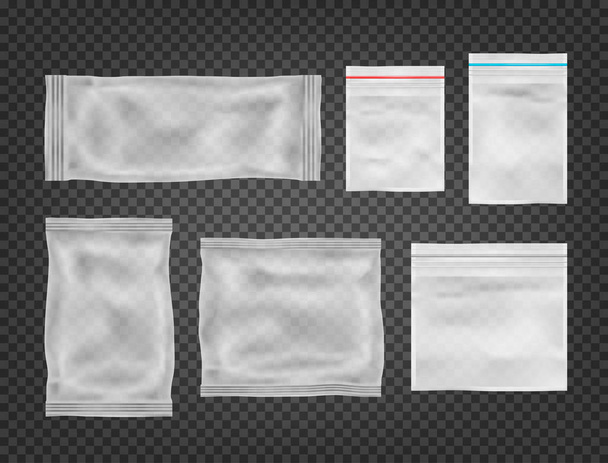Conjunto de sacos plásticos em branco. Embalagem de plástico vazia transparente. Eps 10 ilustração vetorial
. - Vetor, Imagem