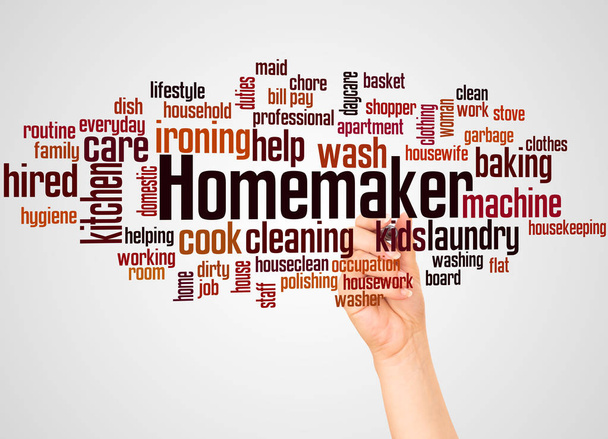 Homemaker parola cloud e mano con il concetto di marcatore su sfondo gradiente
.   - Foto, immagini