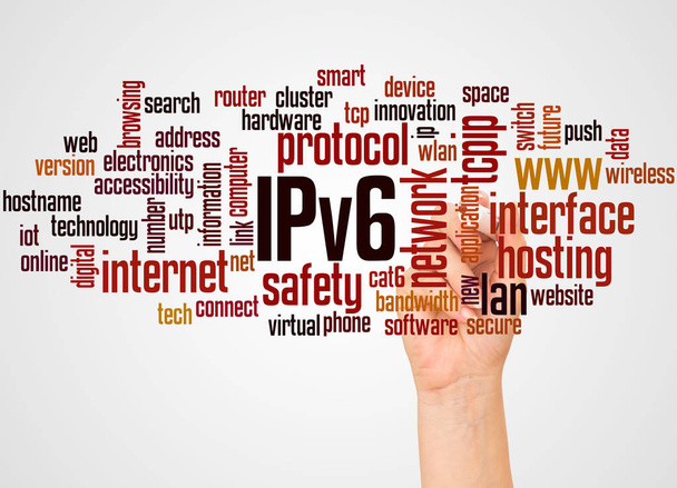 Ipv6 ネットワークの単語の雲と白い背景の上のマーカー概念と手. - 写真・画像