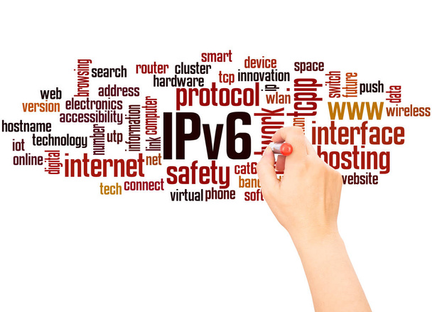 白い背景の上の Ipv6 ネットワーク単語クラウド手書く構想. - 写真・画像