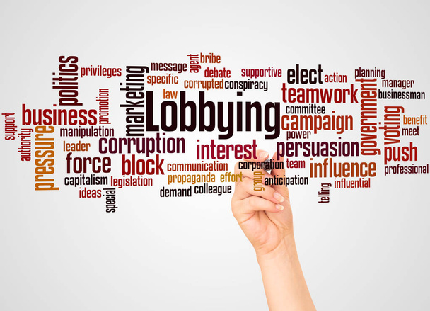 Lobbying parola cloud e mano con il concetto di marcatore su sfondo gradiente
.    - Foto, immagini